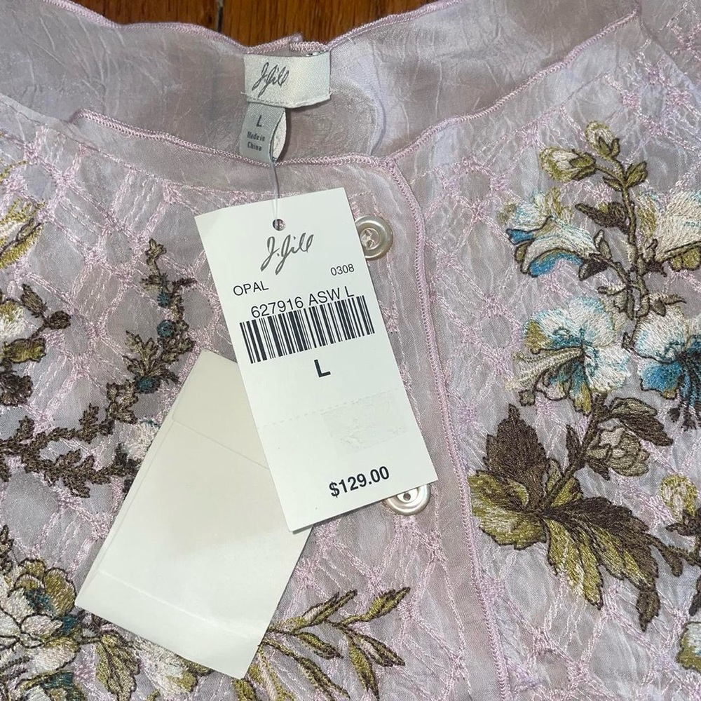 J Jill embroidered semi sheer button up quarter sleeve lavender blush floral top - Picture 3 of 9